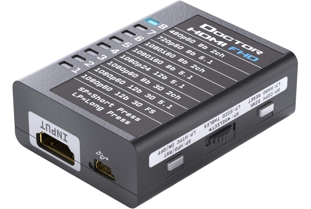 FHD side of the Dr.HDMI 4K with the blue LED lit