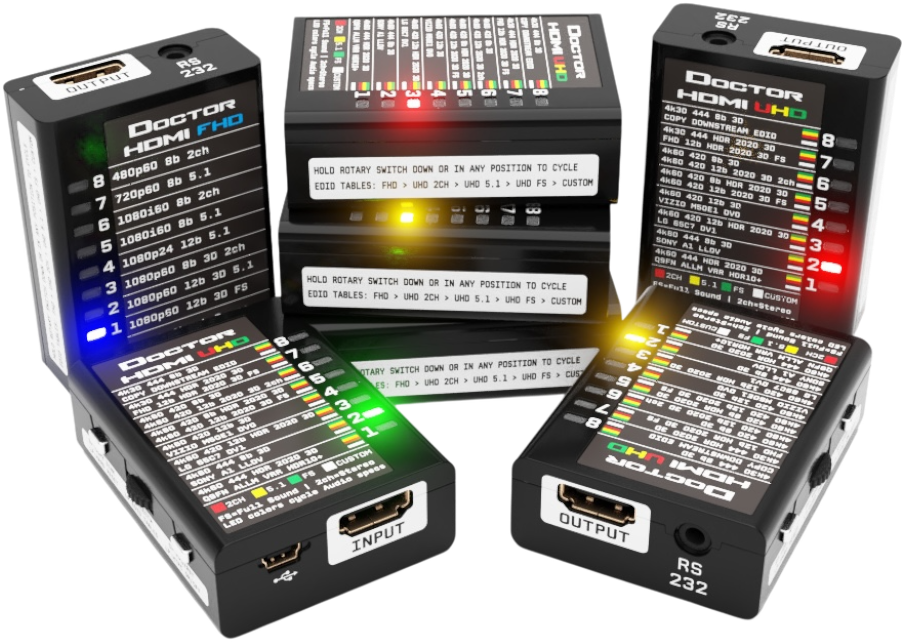 Five Dr.HDMI 4K units, each showing a different EDID table LED colour